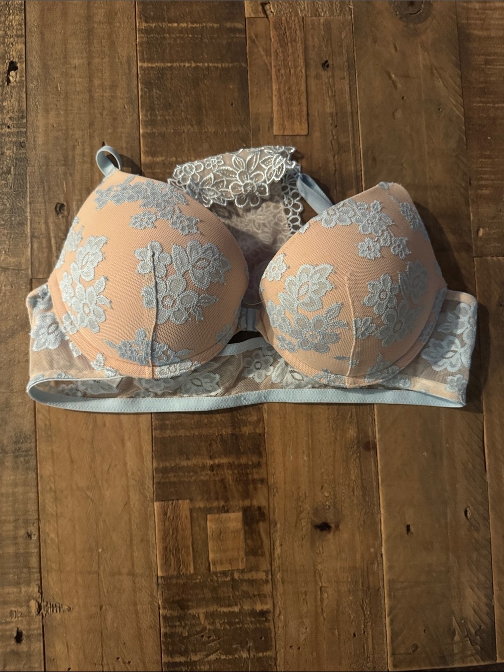PINK Victoria's Secret Peach & Light Blue Lace Push-Up Bra